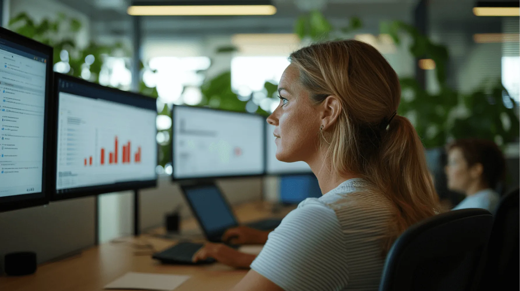 A woman in a white shirt is sitting at a desk with a laptop.