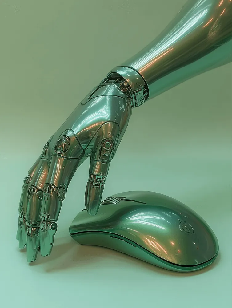 A silver robotic hand holding a green computer mouse.