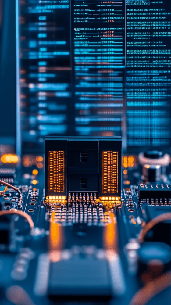 A computer chip with a blue background.