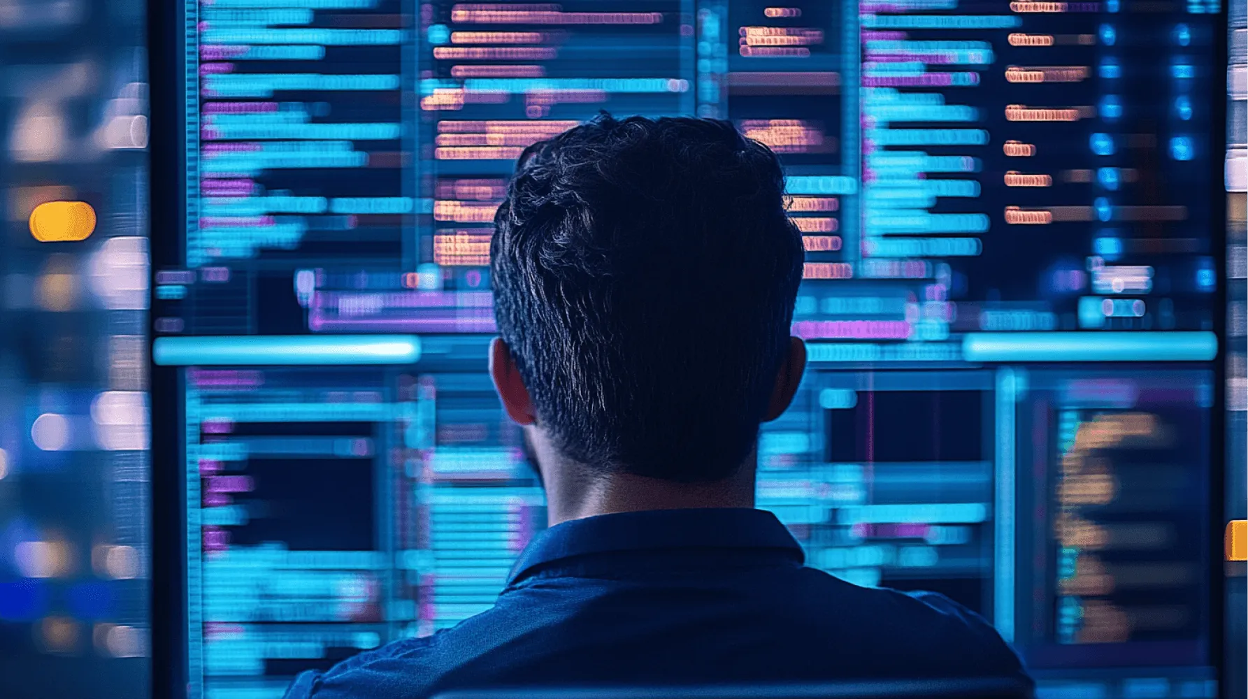 A man wearing a blue shirt and looking at a computer screen.