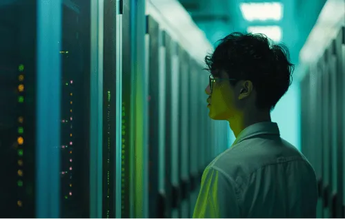 A man wearing glasses and a white shirt is standing in front of a computer server.