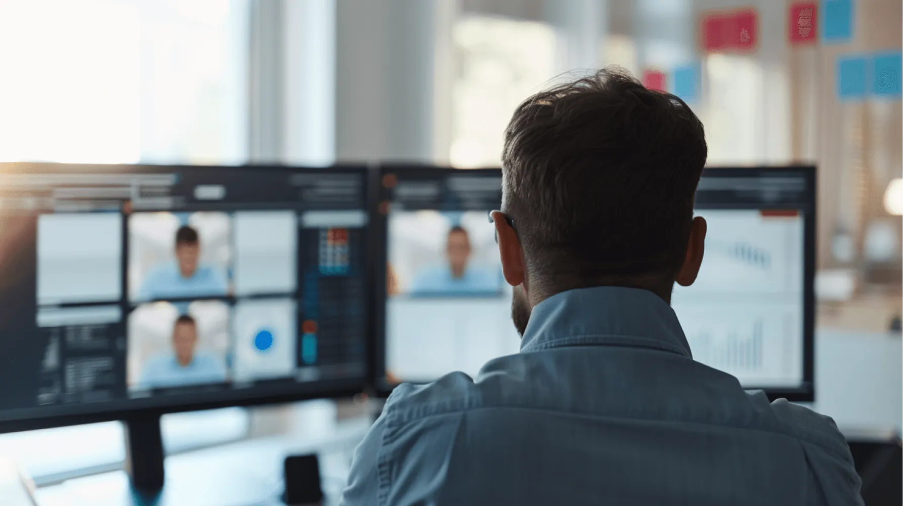 A man in a blue shirt looking at a computer screen.