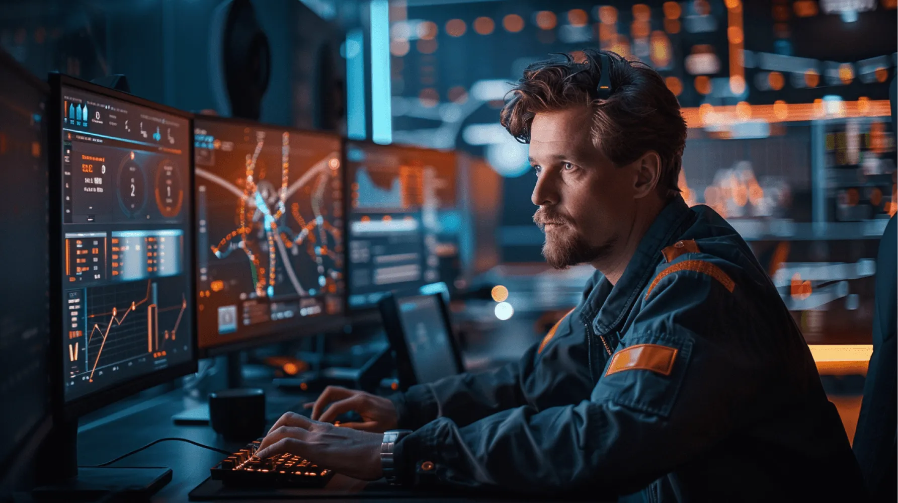 A man wearing a blue jacket and glasses is typing on a computer.