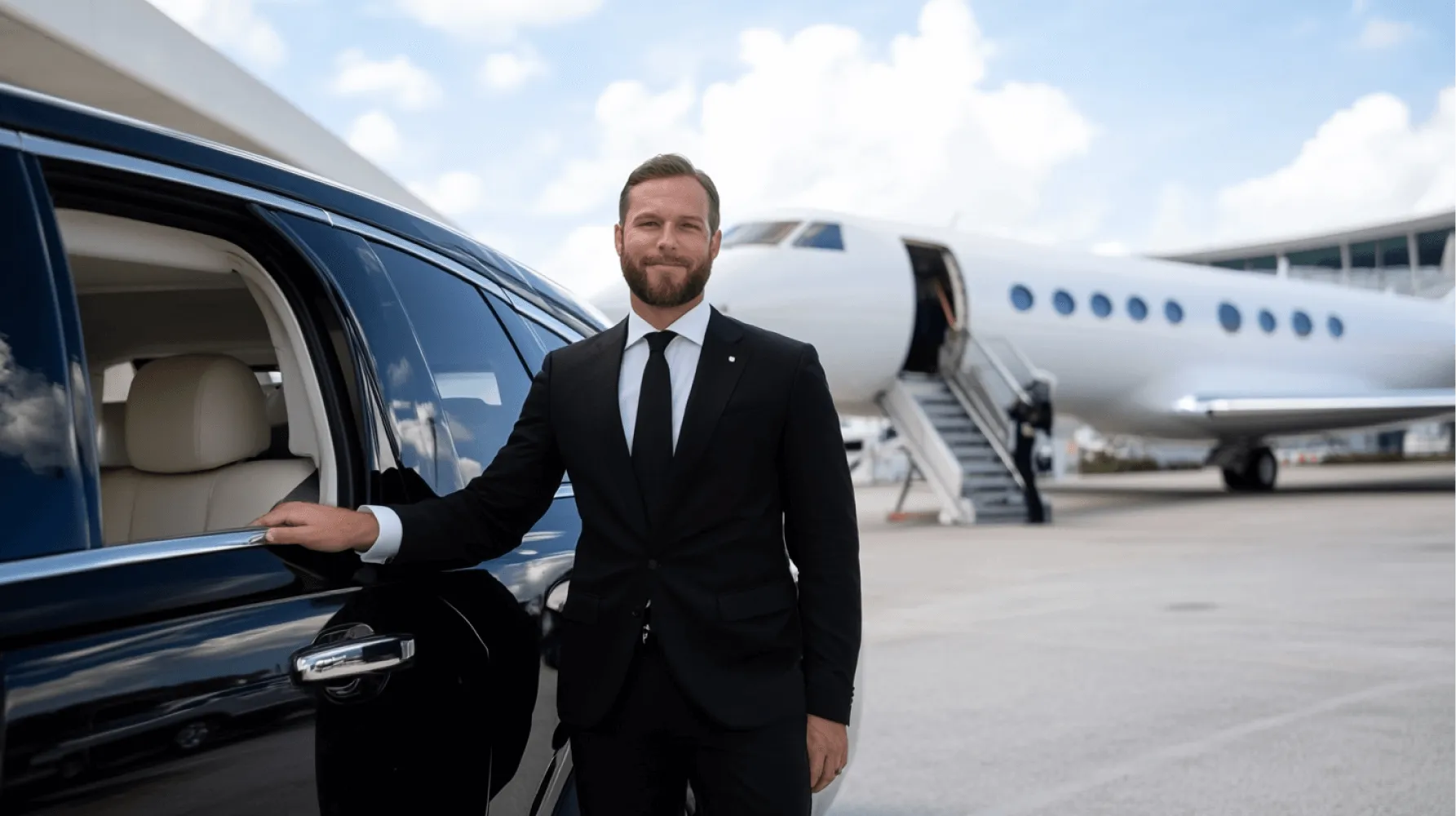 A man in a suit standing next to a car.