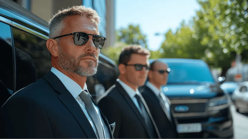 A man wearing sunglasses and a suit standing in front of a car.