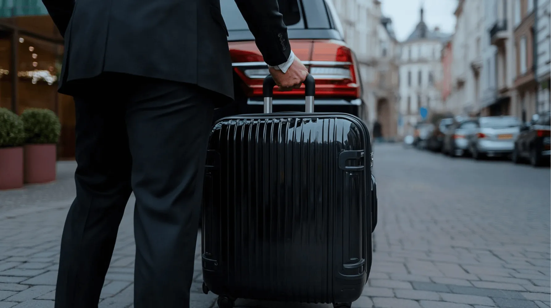 A man is pulling a black suitcase on a sidewalk.