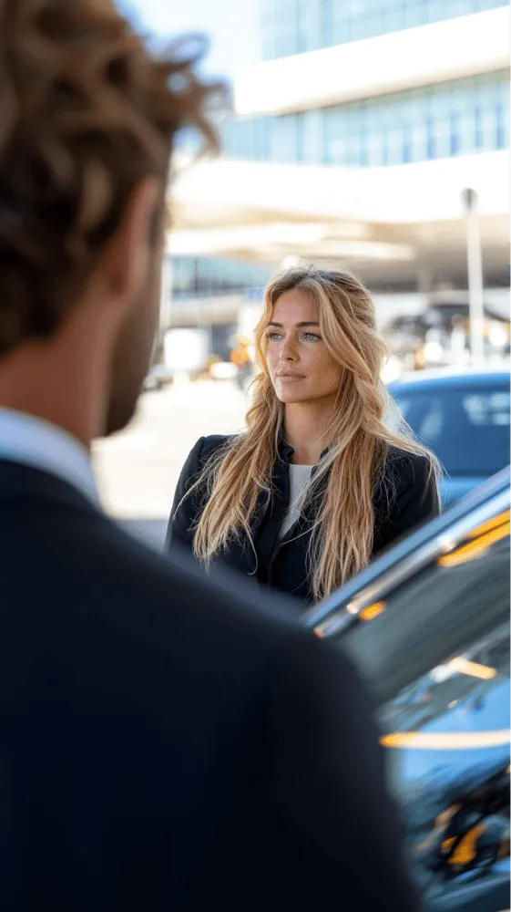 A woman in a black suit and blonde hair is standing next to a car.