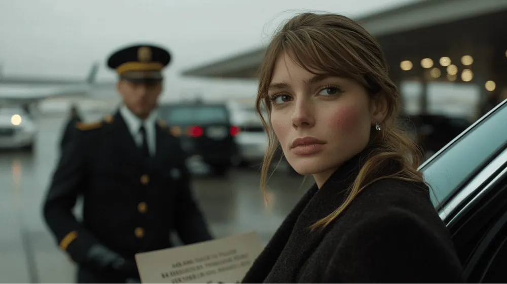 A woman in a black coat holding a piece of paper.