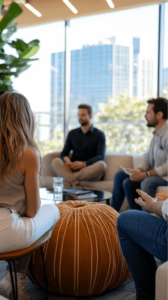 A man sitting on a couch with a woman and two other men.