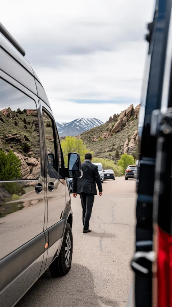 A man in a suit walking on a road.
