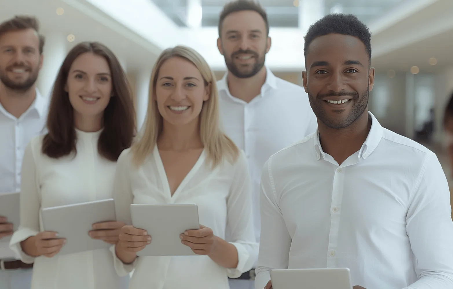 A group of people wearing white shirts and holding tablets.