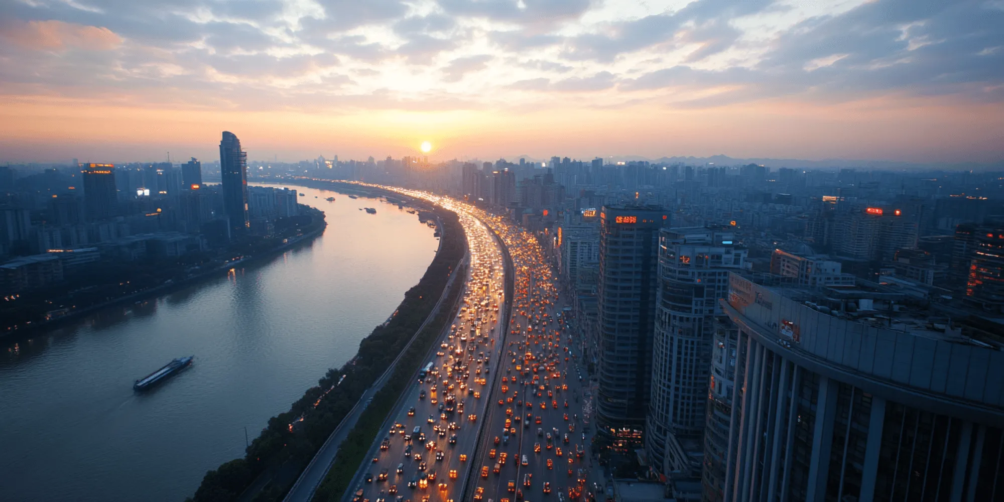A busy highway with cars and trucks driving on it.