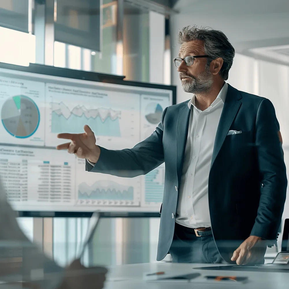 A man in a suit pointing at a computer screen.
