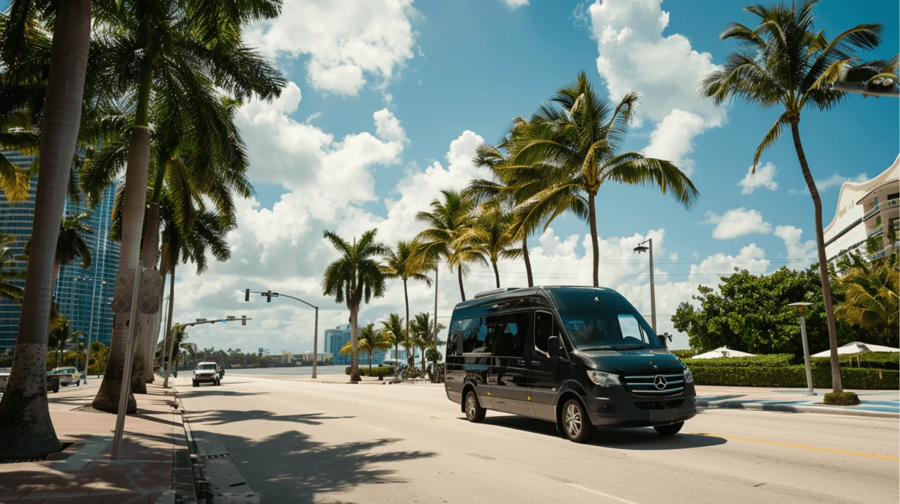 A Mercedes van is driving down a street with palm trees.