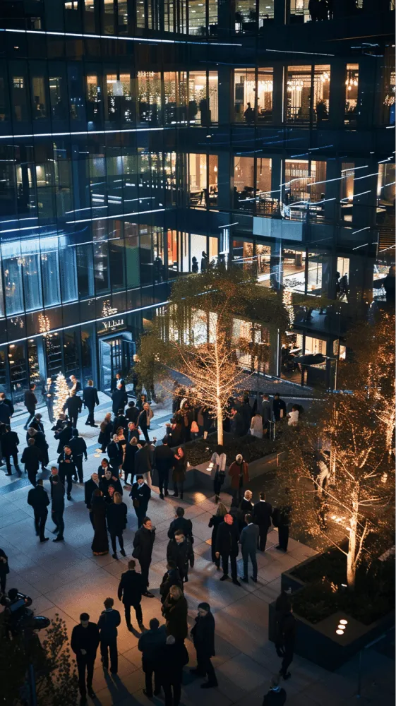 A large group of people walking down a city street at night.