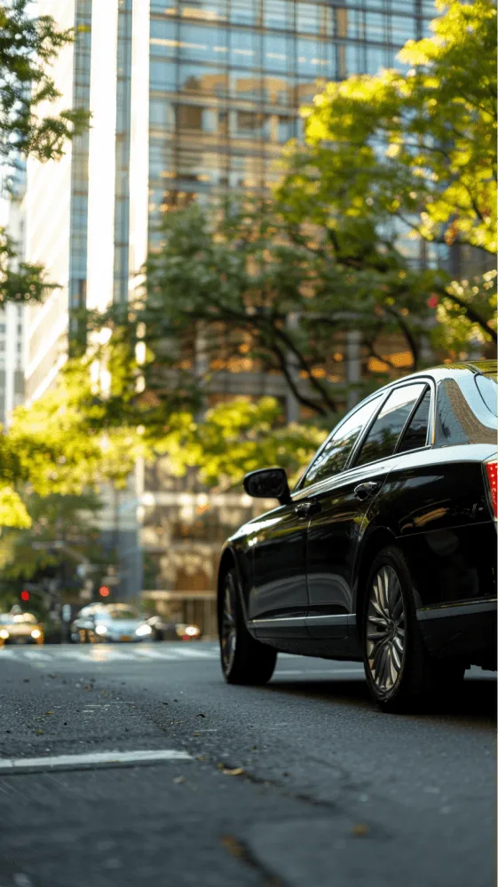 A black car is driving down a street in front of a building.