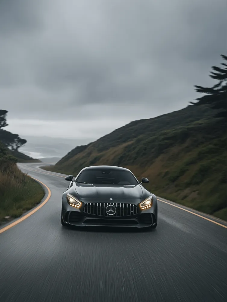 A black car is driving down a road.