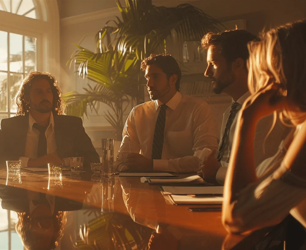 A group of people sitting around a table with a woman in a white shirt sitting on the right side.