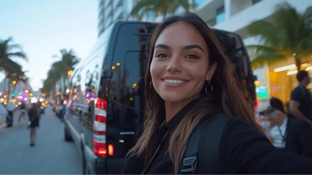 A woman smiling and taking a selfie in front of a black van.