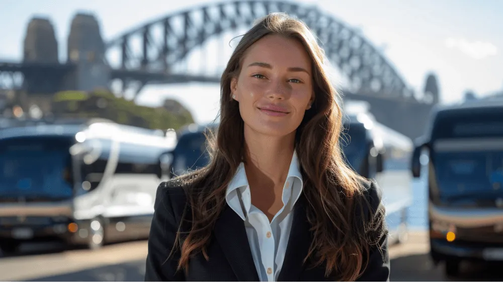 A woman wearing a suit and tie standing in front of a bridge.