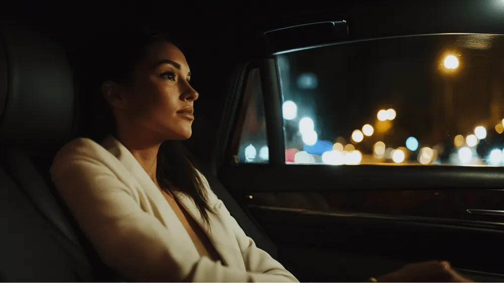 A woman in a white jacket sitting in a car.