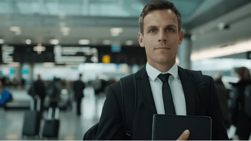 A man in a suit holding a laptop.