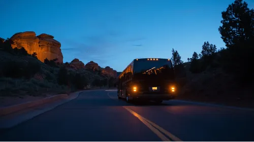 A bus driving down a road at night.