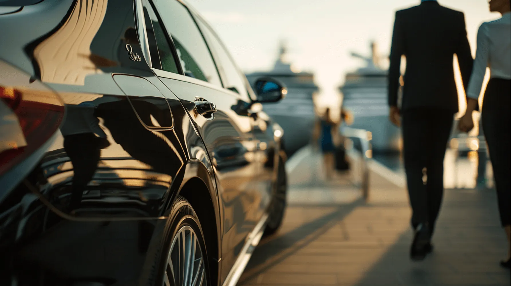 A black car is parked on a dock.