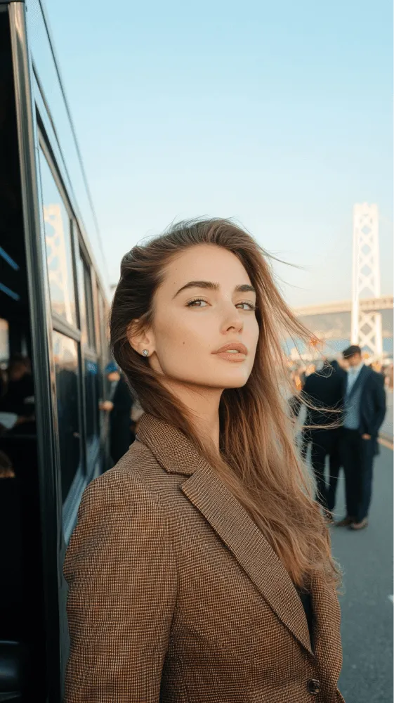 A woman wearing a brown jacket and earrings.
