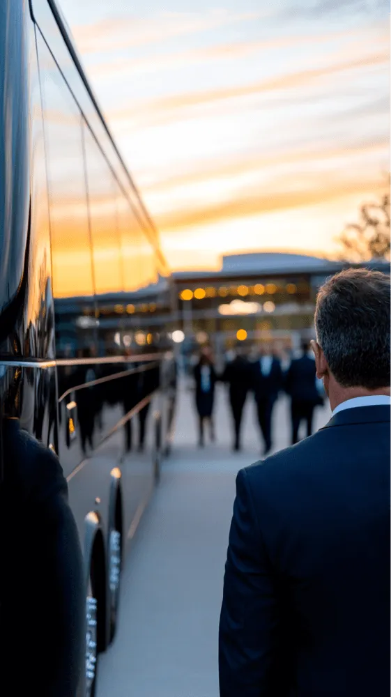 A man in a suit is standing in front of a bus.