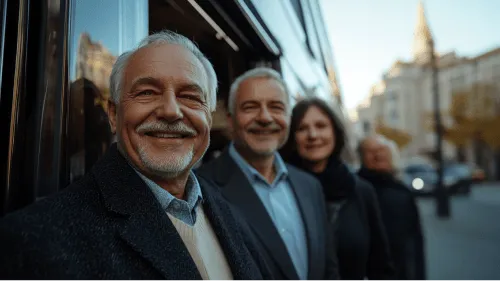 A man wearing a blue shirt and a brown vest is smiling.