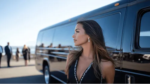 A woman wearing a black dress and earrings standing in front of a bus.