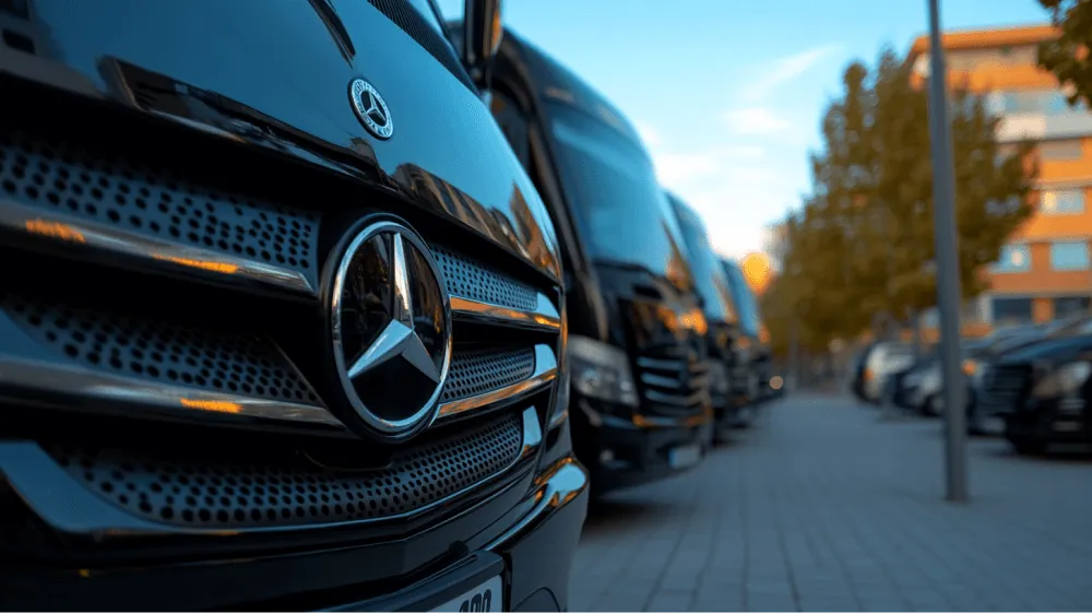 A Mercedes Benz truck is parked in a parking lot.