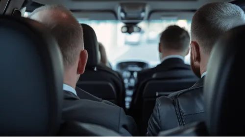 A man wearing a leather jacket is sitting in the back of a car.