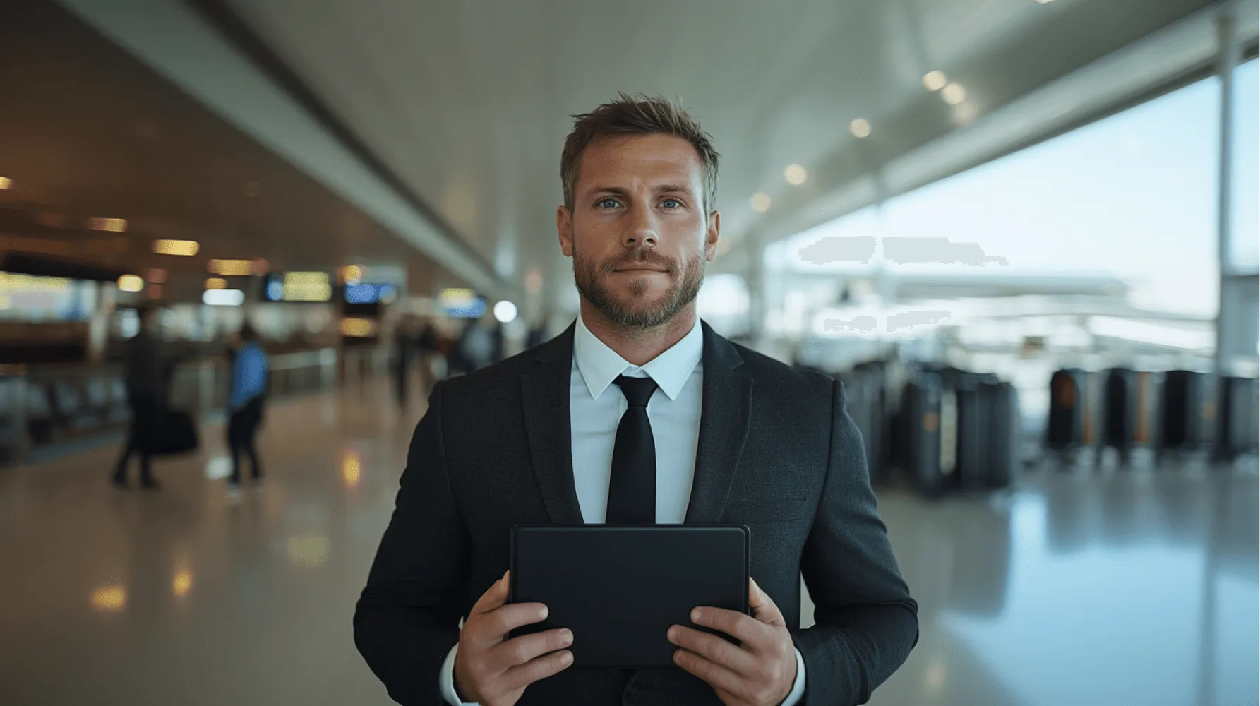 A man in a suit holding a tablet.