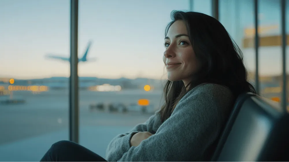 A woman sitting in a chair looking out a window.