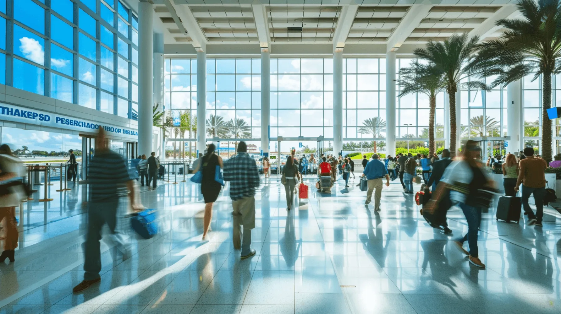 A large group of people walking through a building with luggage.