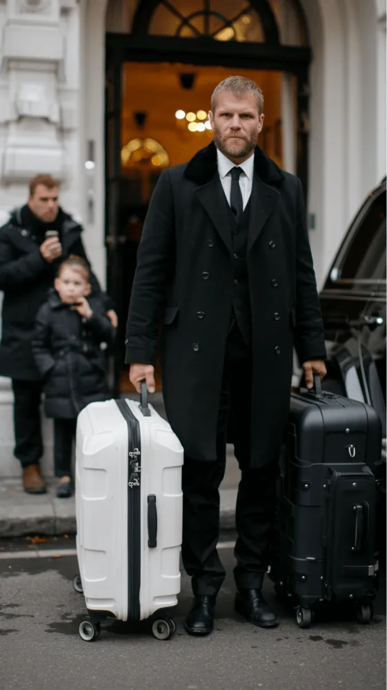 A man in a black coat holding a white suitcase.