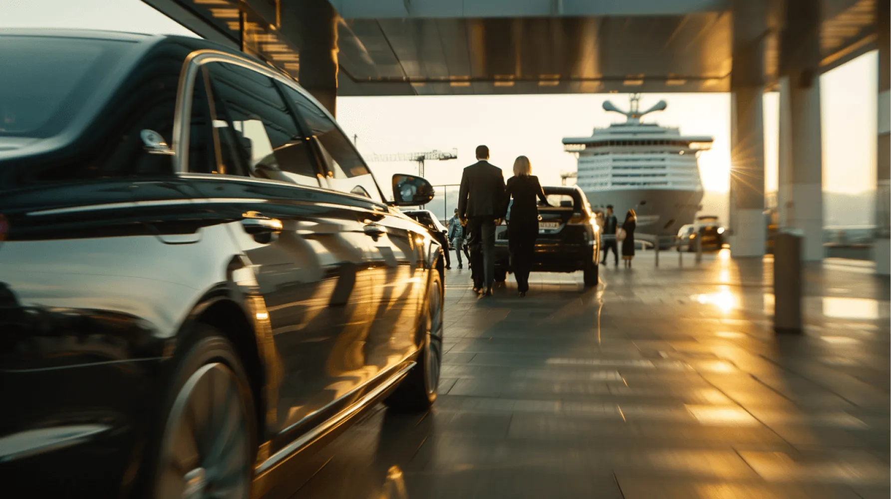 A silver car is driving on a road with a large cruise ship in the background.