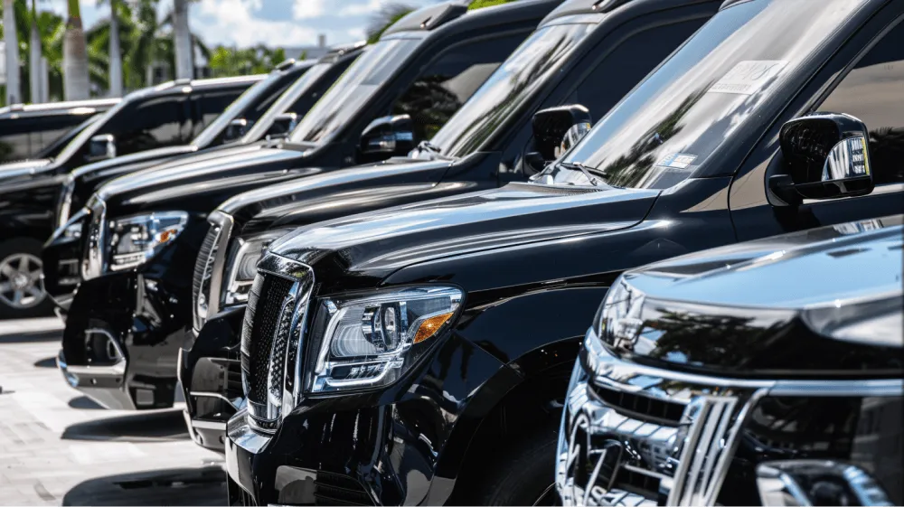 A black SUV parked in a parking lot.