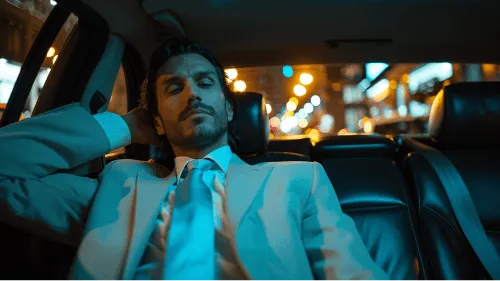 A man wearing a suit and tie is sitting in a car.