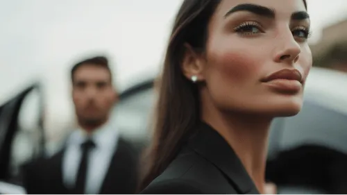 A woman wearing a black suit and a necklace.
