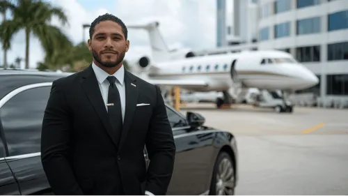 A man in a suit standing in front of a jet.