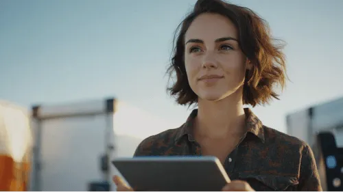 A woman holding a tablet with a blue background.