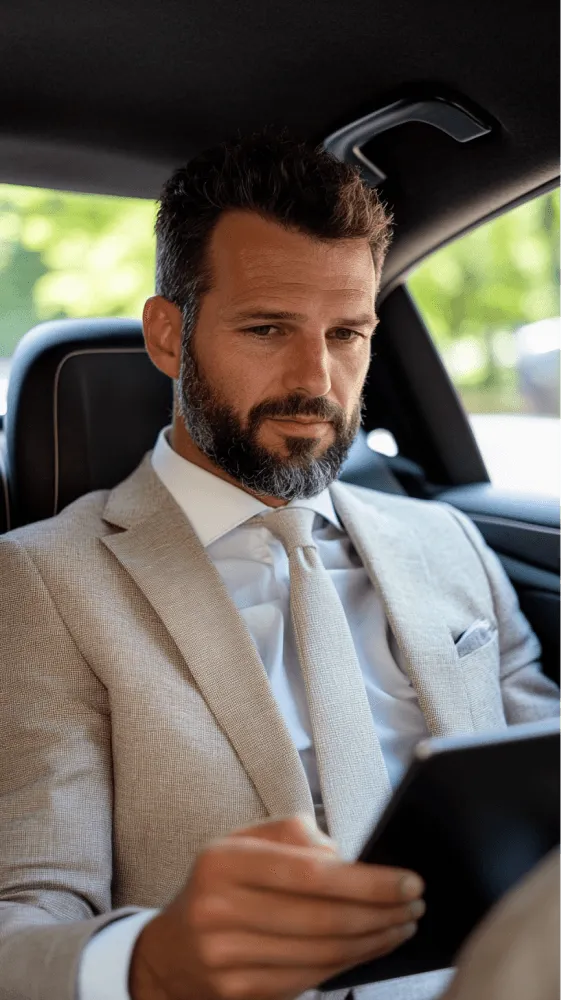 A man in a suit and tie is sitting in a car.