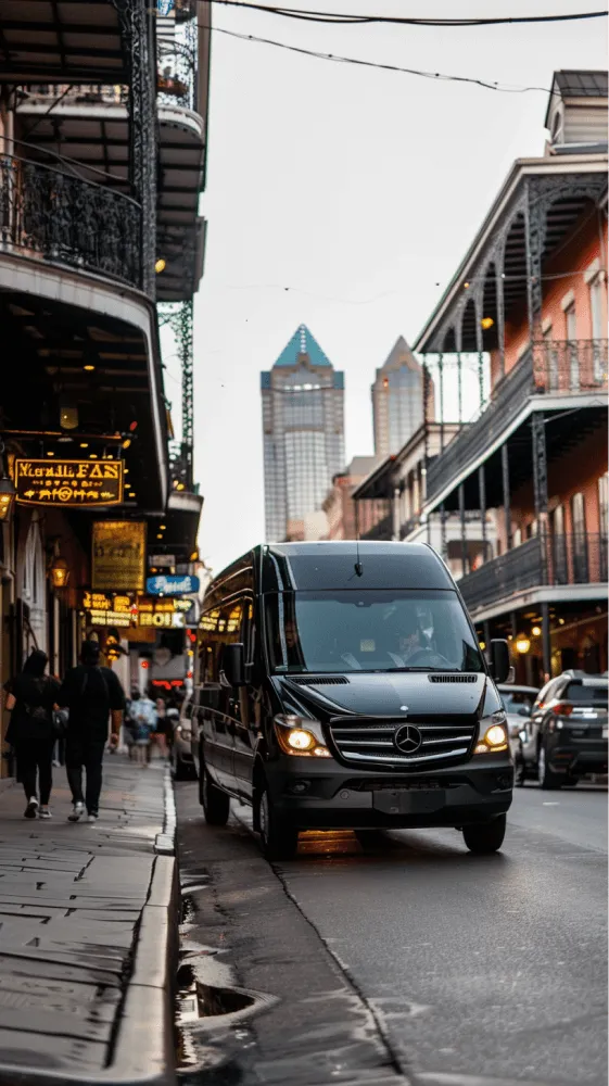 A black Mercedes van driving down a street in a city.