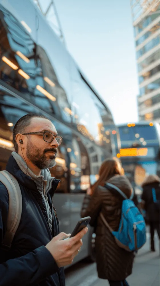 A man wearing glasses and a blue jacket is standing on a sidewalk.