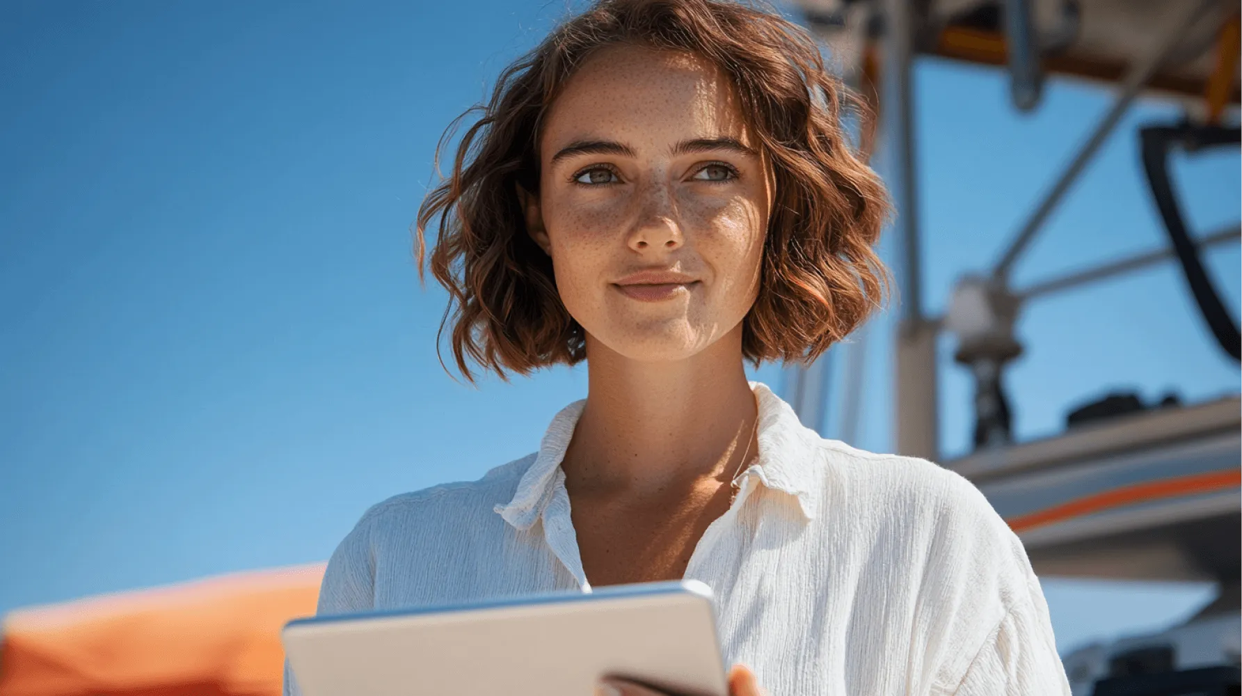 A woman with a laptop in her hand.