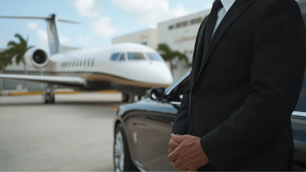 A man in a suit stands next to a car and a jet.