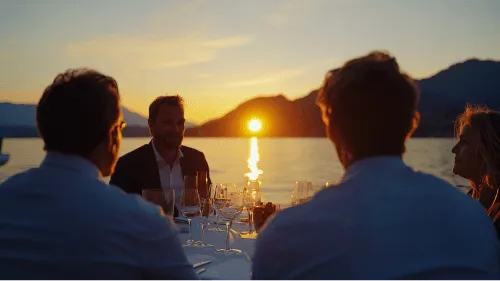 Three men sitting at a table with wine glasses and a sunset in the background.